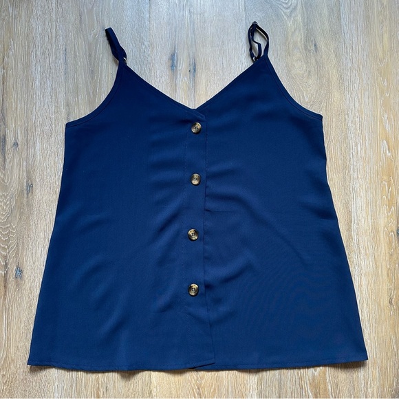 A-Line Navy Blue Button-Down Sleeveless Blouse Thin Straps Tank Top - Picture 10 of 11